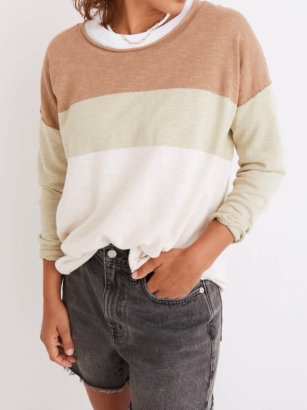 Madewell Palmdale Pullover Sweater in Colorblock Stripe Seed Khaki